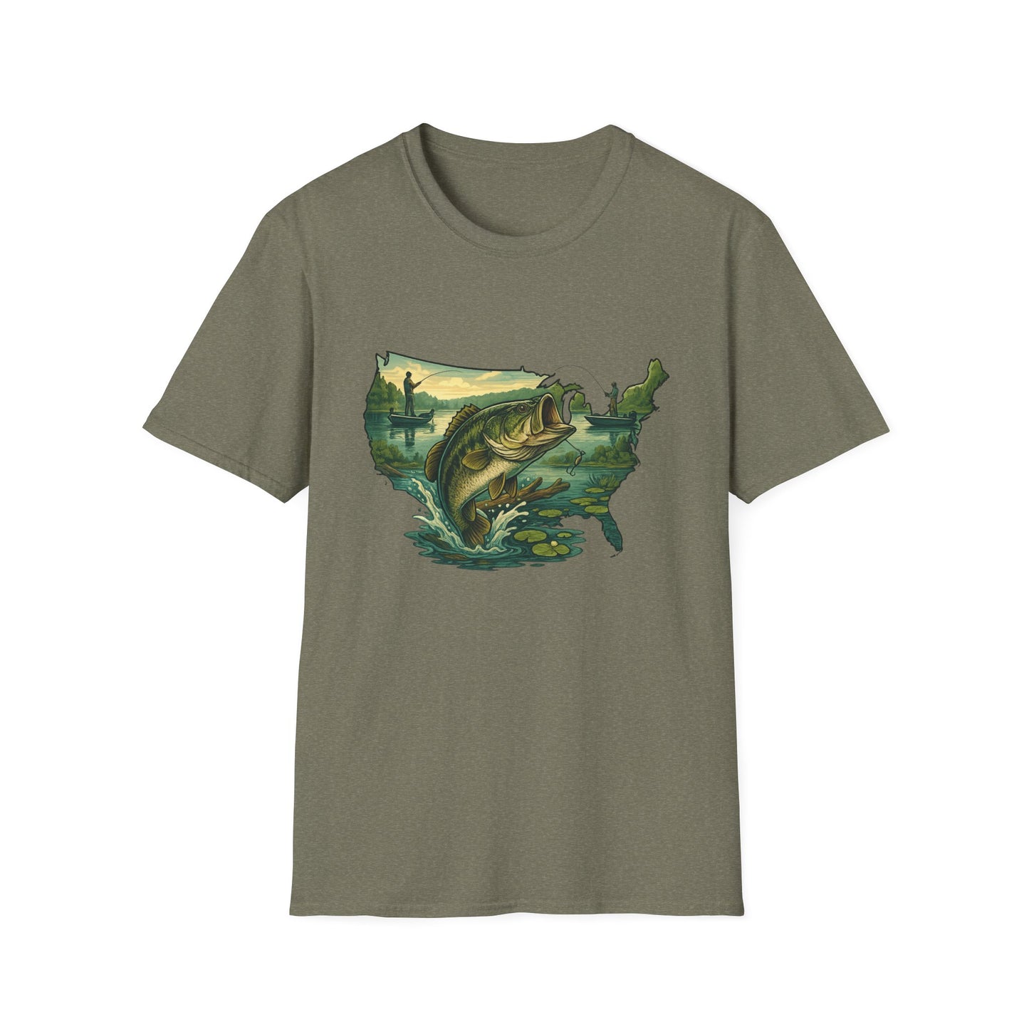 American Bass Waters Tee – USA Map Fishing Scene Shirt