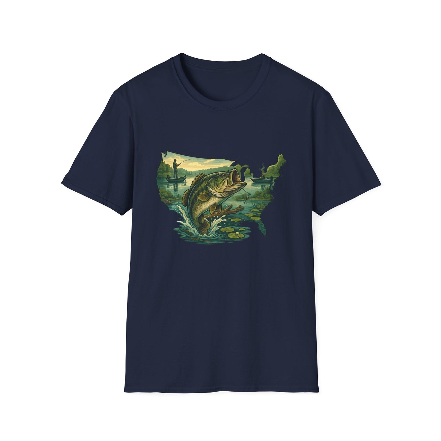 American Bass Waters Tee – USA Map Fishing Scene Shirt