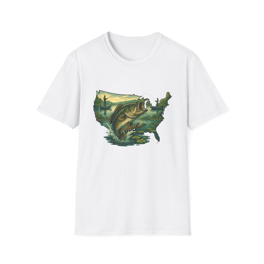 American Bass Waters Tee – USA Map Fishing Scene Shirt