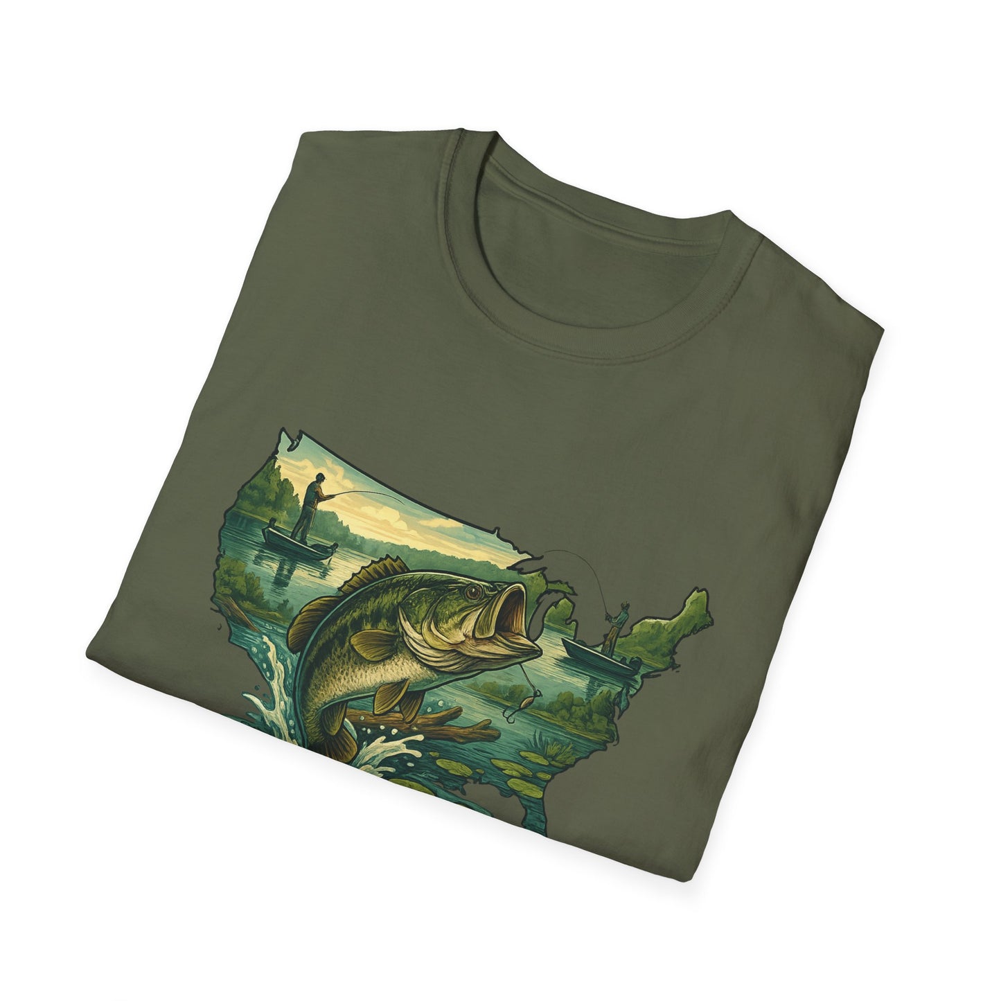 American Bass Waters Tee – USA Map Fishing Scene Shirt