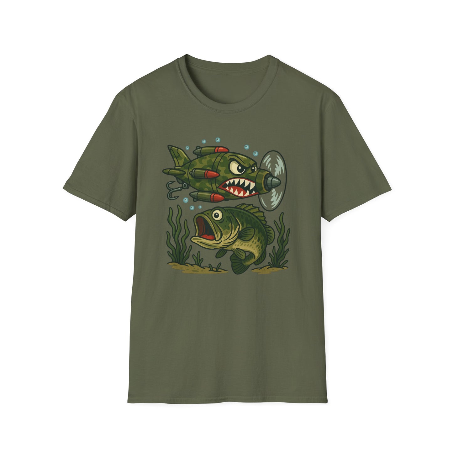 Cranky Warplane Lure vs. Bass Tee – Vintage Fighter Fishing Design