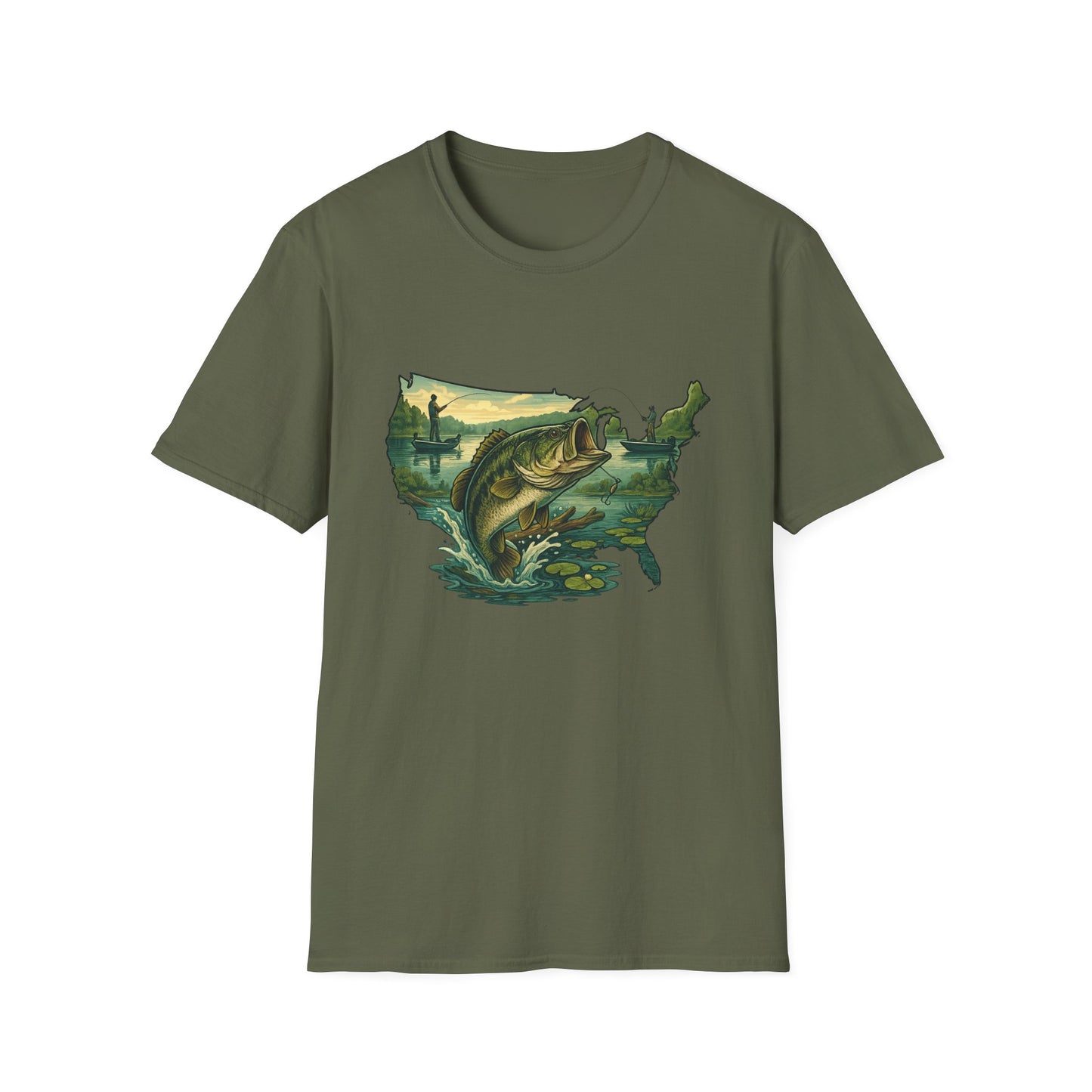 American Bass Waters Tee – USA Map Fishing Scene Shirt