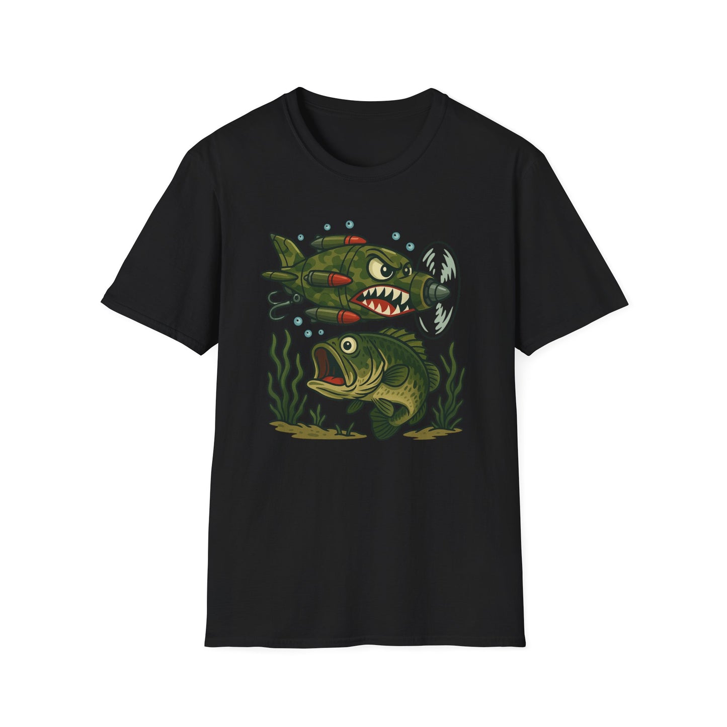 Cranky Warplane Lure vs. Bass Tee – Vintage Fighter Fishing Design
