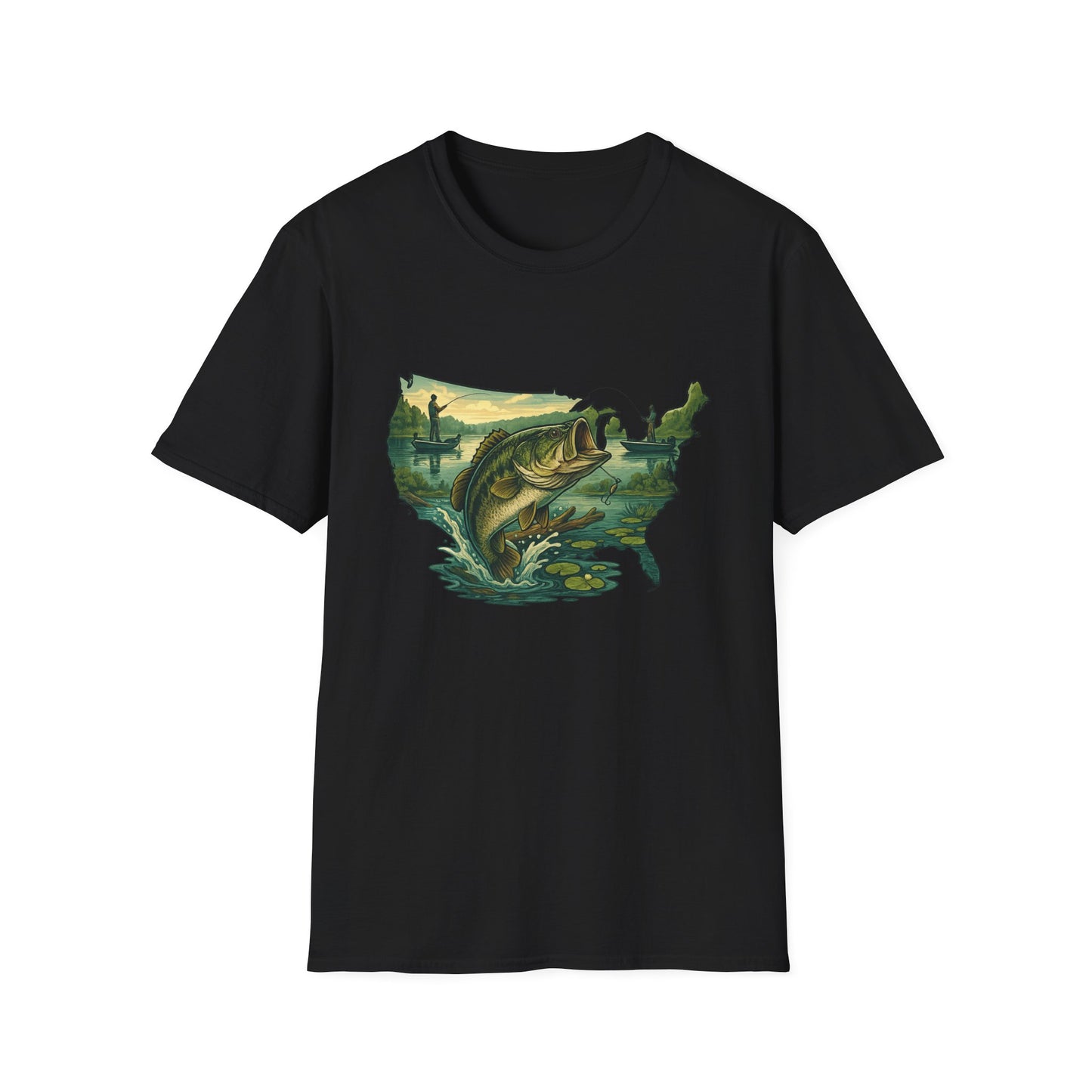 American Bass Waters Tee – USA Map Fishing Scene Shirt