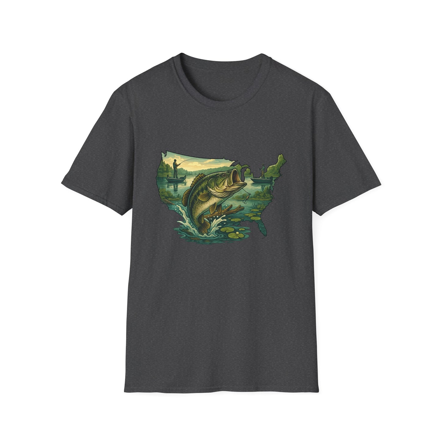 American Bass Waters Tee – USA Map Fishing Scene Shirt