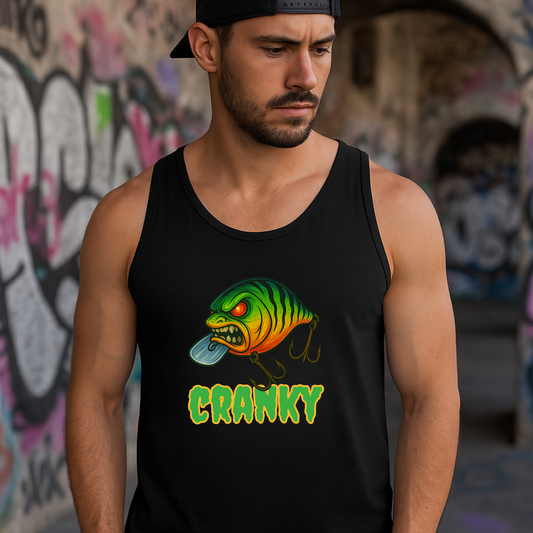 CRANKY – Men’s Angry Crankbait Tank Top (Bold Bass Fishing Graphic)