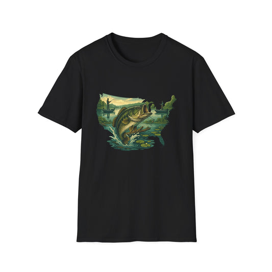 American Bass Waters Tee – USA Map Fishing Scene Shirt